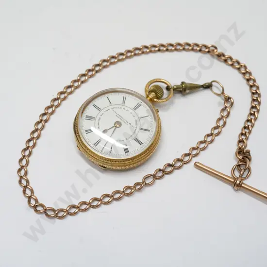 gold pocket watch & chain stamped J H & Co crown, M & 18