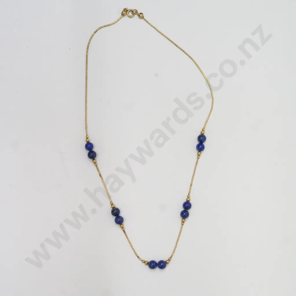 14k rollded gold lapis necklace stamped 14k on clasp Image 1++