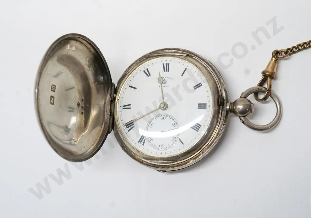 silver pocket watch & chain stamped anchor, lion, W & JR 668 E Image 1++