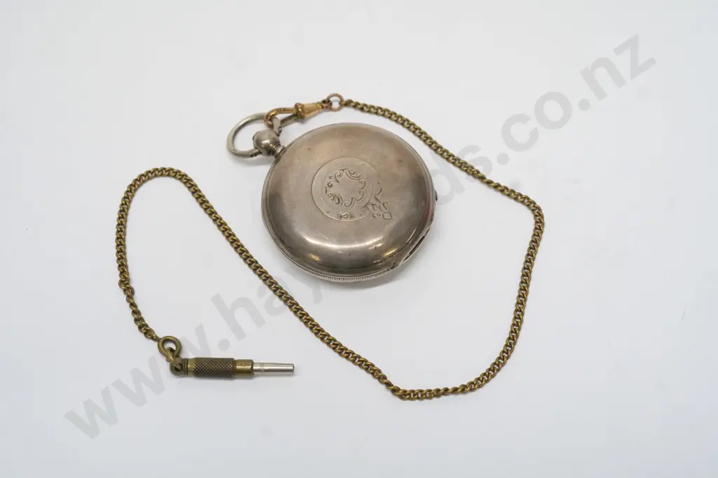 silver pocket watch & chain stamped anchor, lion, W & JR 668 E Image 1++