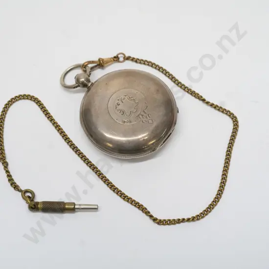 silver pocket watch & chain stamped anchor, lion, W & JR 668 E