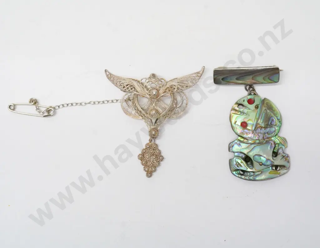 filagree brooch with safety chain & paua shell tiki brooch Image 1++