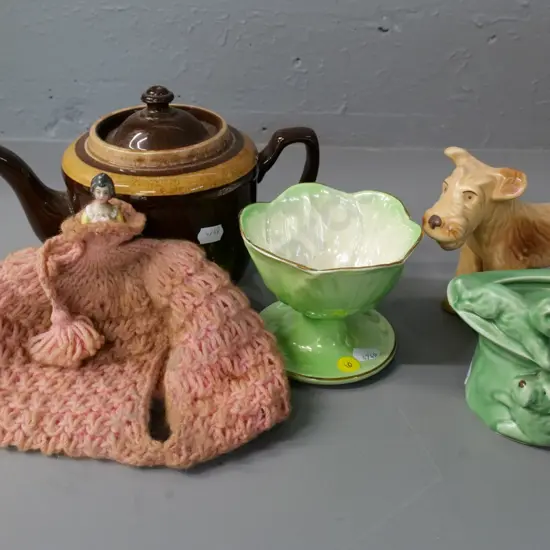 Sylvac dog and cat & dog vase, Maling lustre dish, brown Betty teapot with half-doll tea cosy