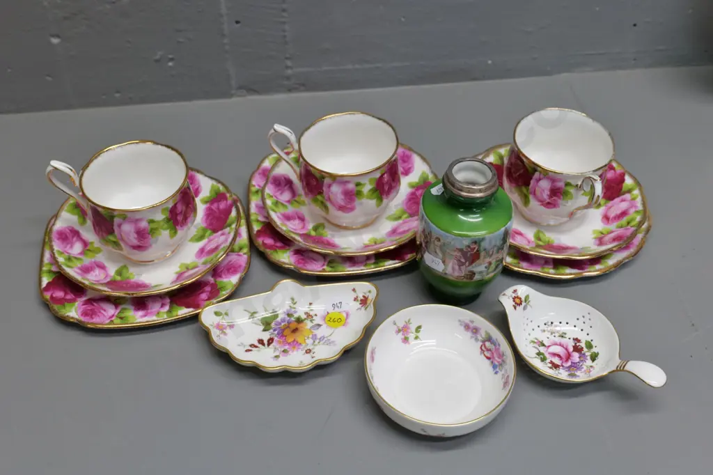 3 Royal Albert Old English Rose trios, 3 pieces Royal Crown Derby posies, small sterling silver rimmed vase Image 1++