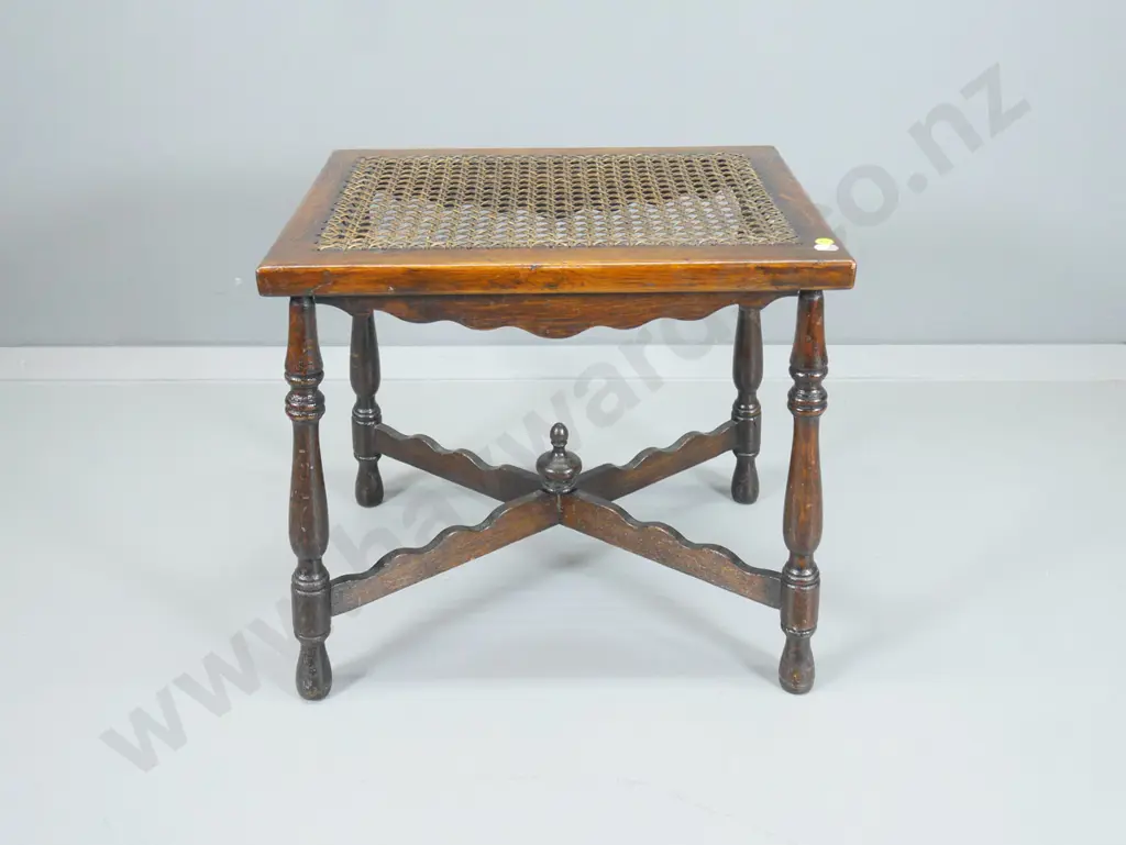 oak Tudor style stool with bergere cane top H-440 W-460 D-330 Image 1++