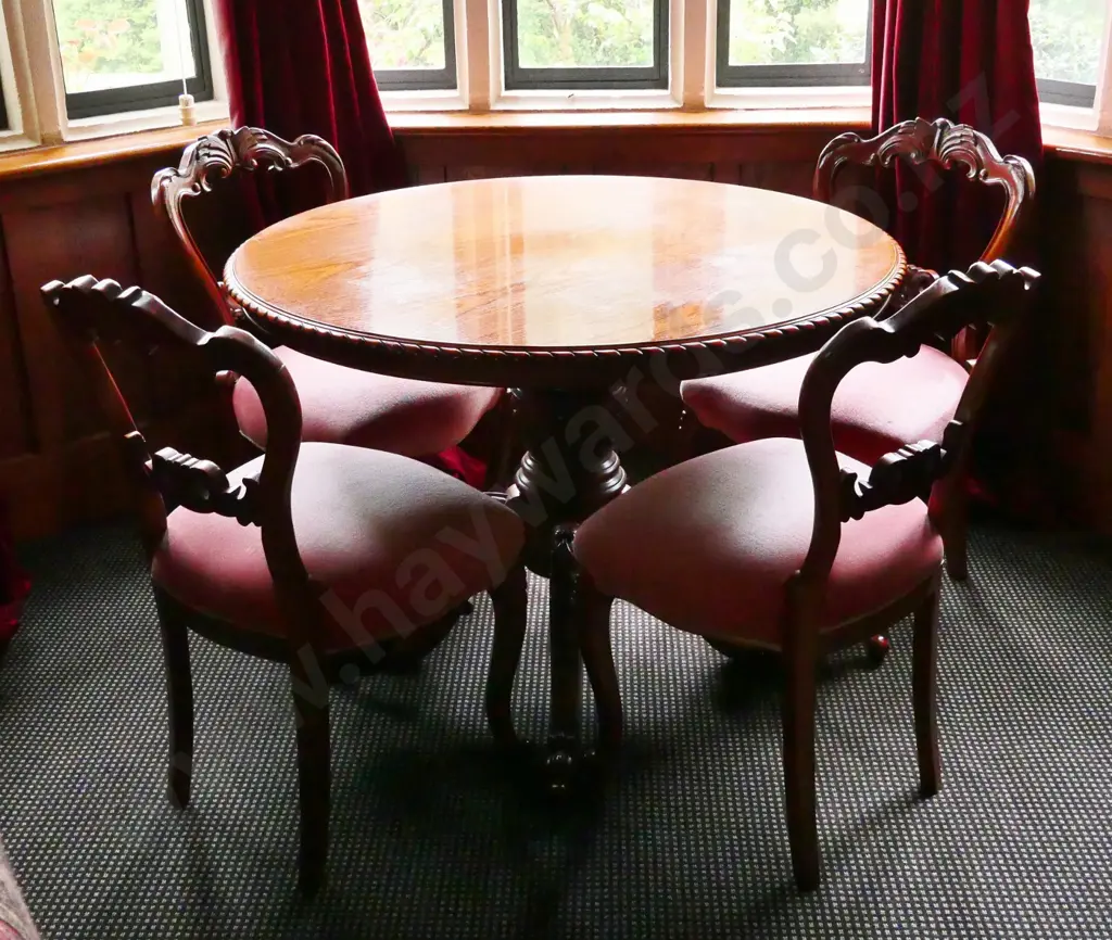 Victorian style rope-edged round table on heavily carved column base H780 D-1060 & 4 balloon carved back chairs Image 1++
