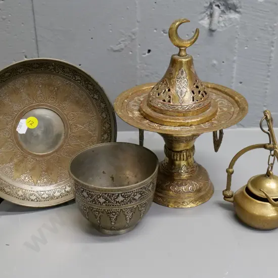4 pieces of brassware - incl. Middle Eastern enamel patterned ware, taller piece with mixed metal raised design H-220