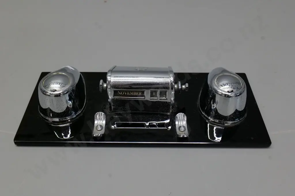 deco desk stand with chrome lined inkwells and calendar and pen holders on black glass base, minor pitting H70 W280 Image 1++