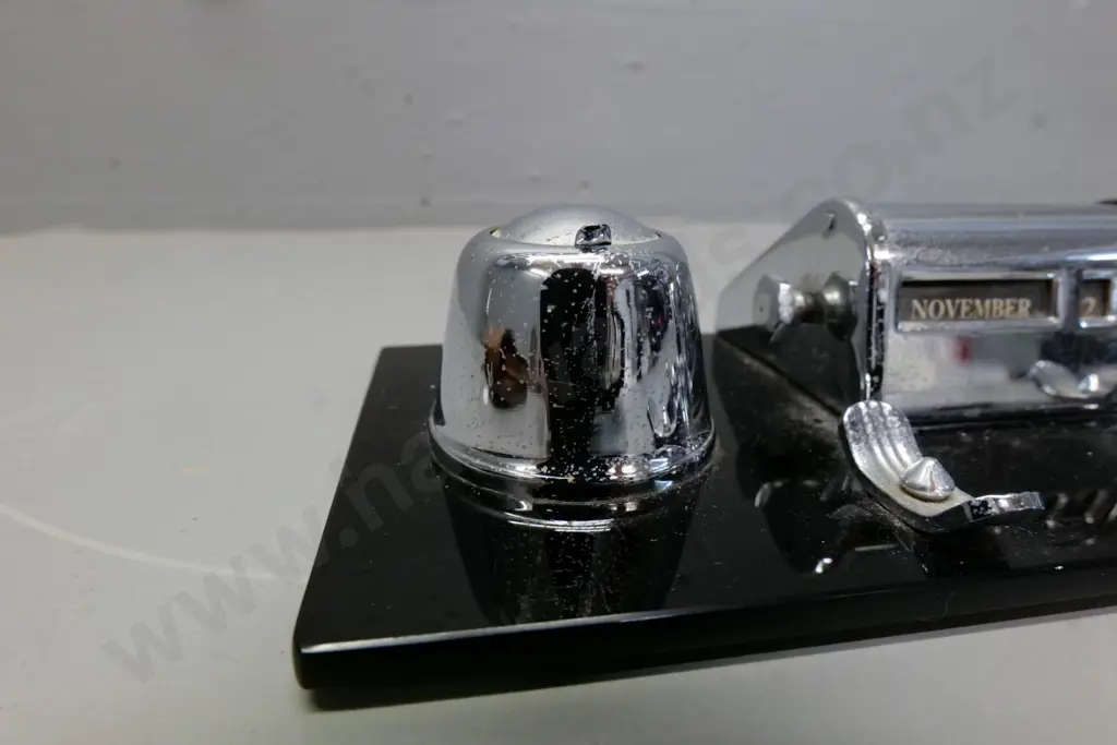 deco desk stand with chrome lined inkwells and calendar and pen holders on black glass base, minor pitting H70 W280 Image 1++