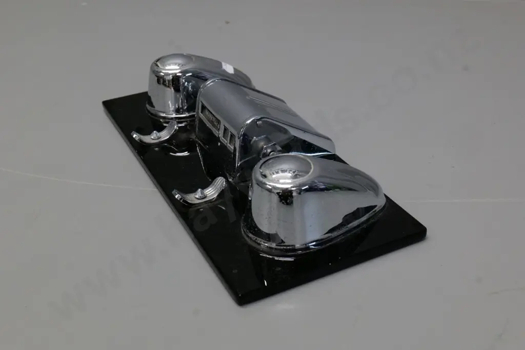 deco desk stand with chrome lined inkwells and calendar and pen holders on black glass base, minor pitting H70 W280 Image 1++