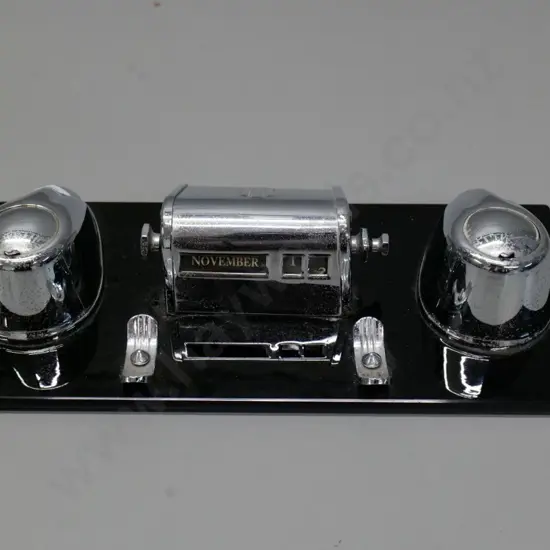 deco desk stand with chrome lined inkwells and calendar and pen holders on black glass base, minor pitting H70 W280