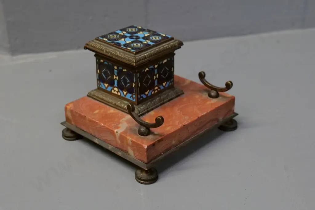 Middle Eastern? inkwell with pen holder - cloisonne brass on marble base, with glass liner H-80 W-110 D-95 Image 1++