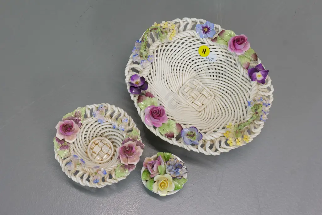 3 pieces of posie china - 2 Royal Adderley woven basket H-80 D-180, woven bowl, Royal Doulton posie Image 1++