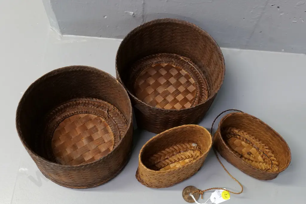 2 small woven cane baskets including small rice steamer with pierced French Indo-China coin on strap, larger H150 D160 Image 1++