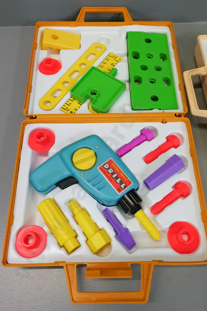 two retro Fisher-Price play sets - medical kit with missing syringe & tool set which may have missing piece 80x260x200 Image 1++