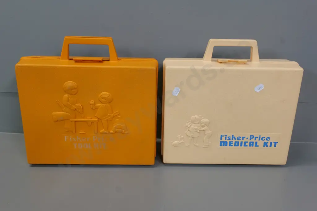 two retro Fisher-Price play sets - medical kit with missing syringe & tool set which may have missing piece 80x260x200 Image 1++