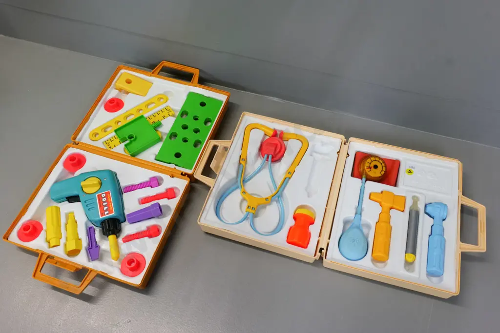two retro Fisher-Price play sets - medical kit with missing syringe & tool set which may have missing piece 80x260x200 Image 1++