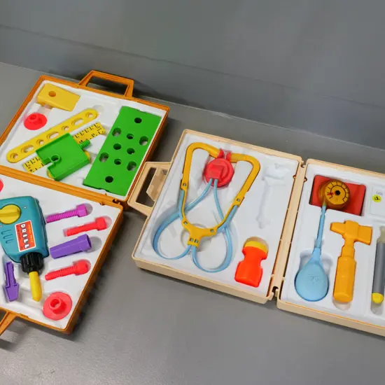 two retro Fisher-Price play sets - medical kit with missing syringe & tool set which may have missing piece 80x260x200