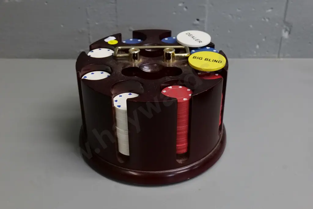 wooden poker chip caddy on swivel base with metal handle - some small chips on top edge H-140 Diameter 200 Image 1++