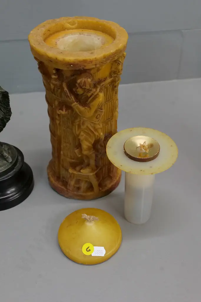 cast metal musketeer figure on wooden base H210 & a wax candle with fuel-burning candle fitting inside and wax lid H-230 Image 1++