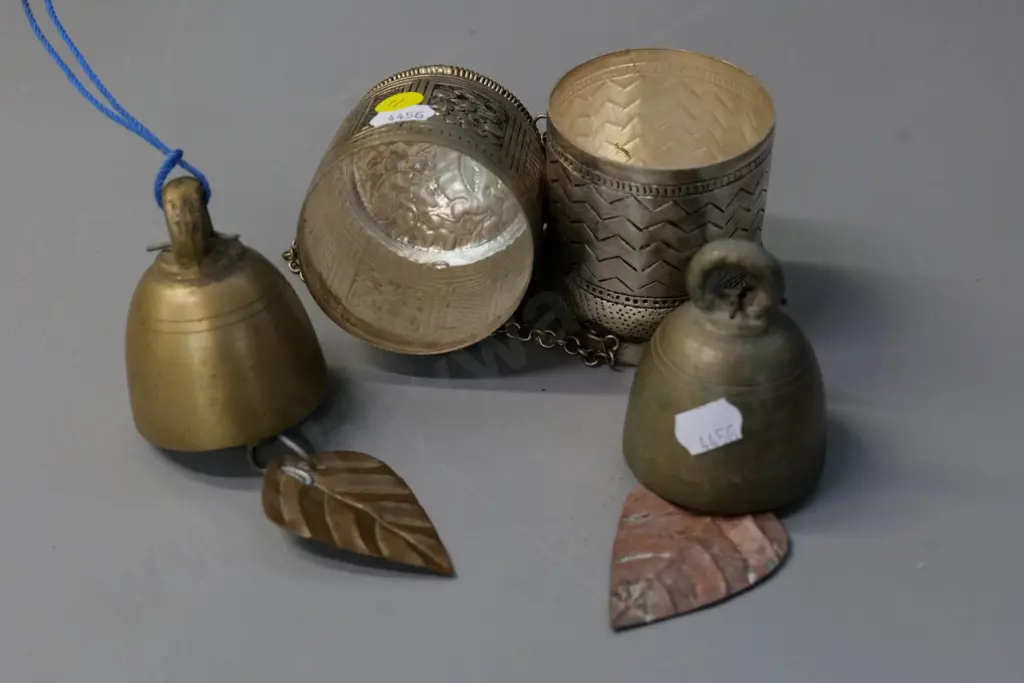 3 asian items - pair of brass bells and a repousse decorated betel nut container H-85 Image 1++