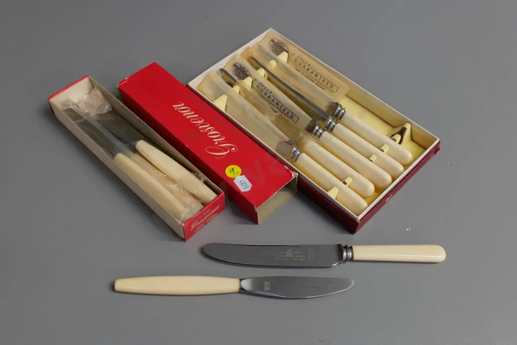 2 boxed sets of English bone-handled knives - Ashbury & Sons dinner knives and Grosvenor smaller knives Image 1++