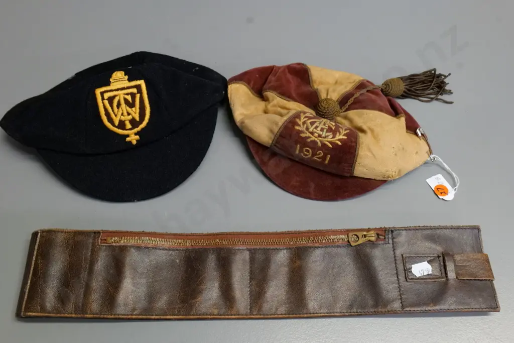 Oamaru 1921 Athletic Football Club cap, cricket cap with Kaiapoi stamp, and a vintage leather money belt Image 1++
