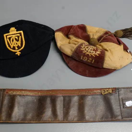 Oamaru 1921 Athletic Football Club cap, cricket cap with Kaiapoi stamp, and a vintage leather money belt