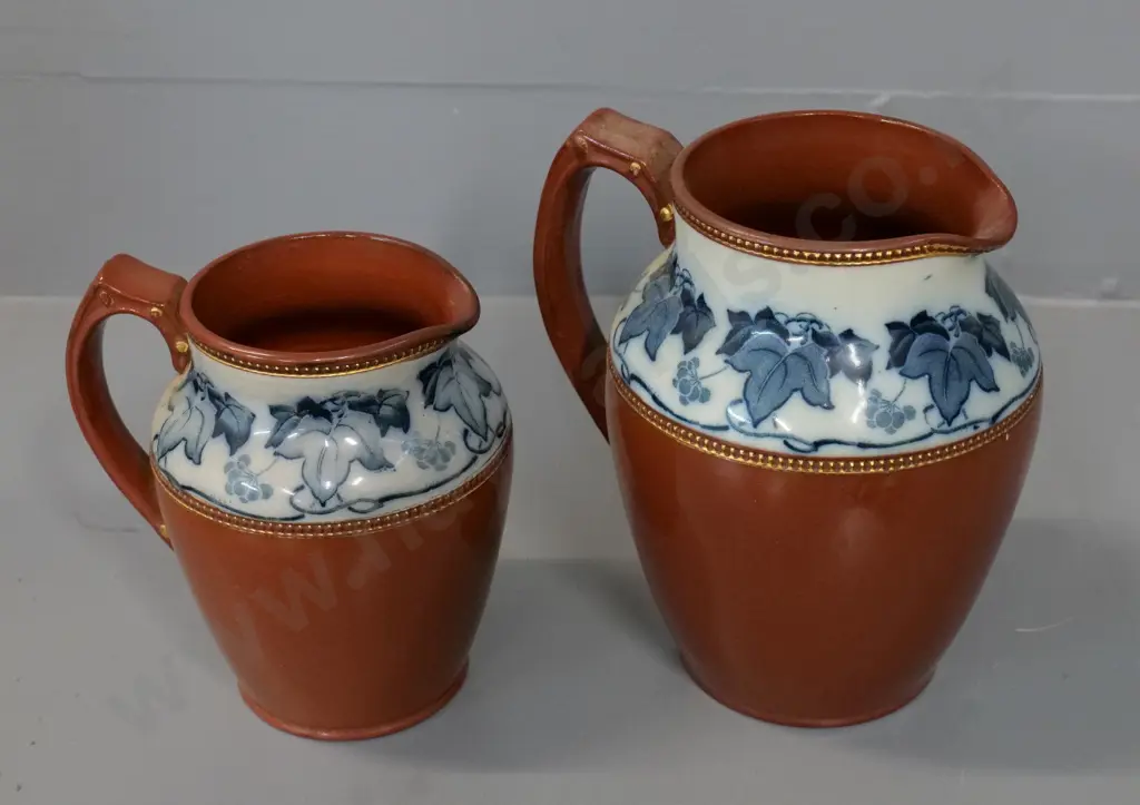 two English salt-glazed jugs with blue & white patterned band - taller is H-175 Image 1++