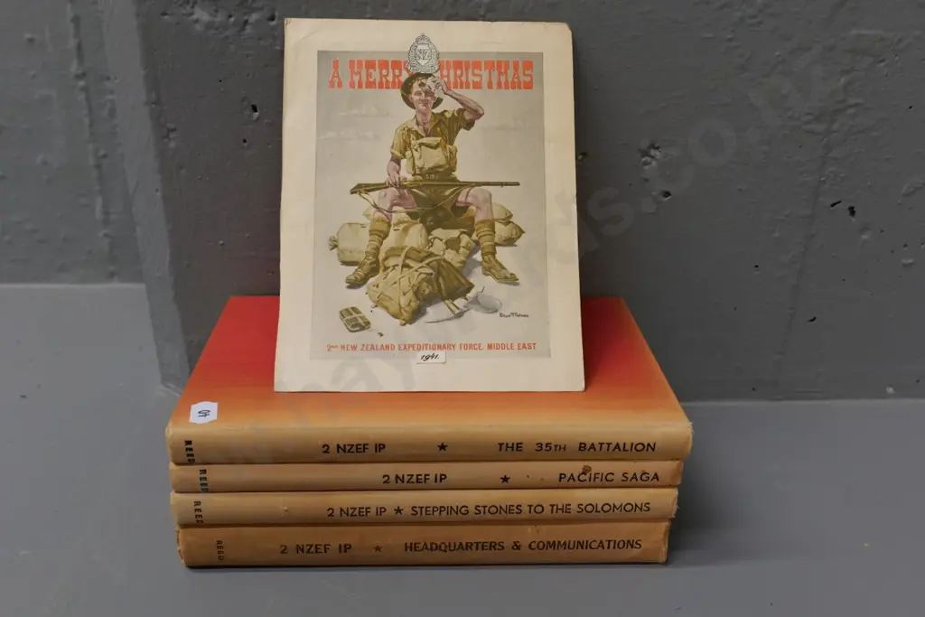 4 books - NZEF official histories, no dust covers 29th, 35th & 37th battalions, 3rd div. HQ - and a vintage 1941 card Image 1++