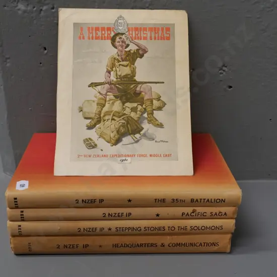 4 books - NZEF official histories, no dust covers 29th, 35th & 37th battalions, 3rd div. HQ - and a vintage 1941 card