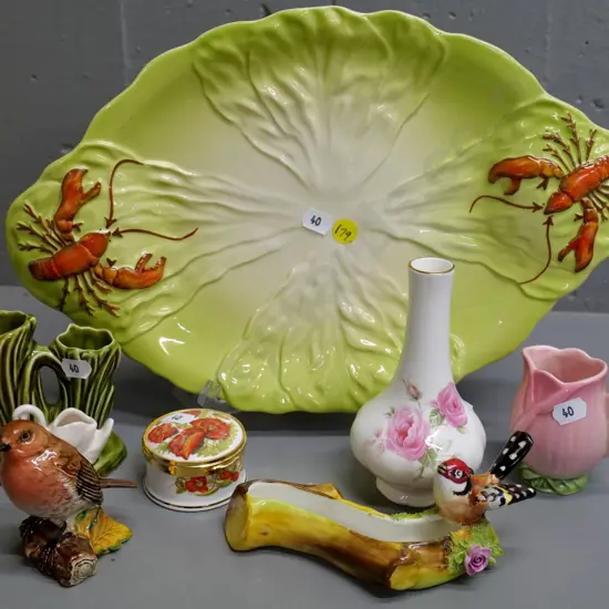 Carlton ware lobster dish L-350 W-230, Sylvac swan vase, Beswick robin, Cara bird trough etc.