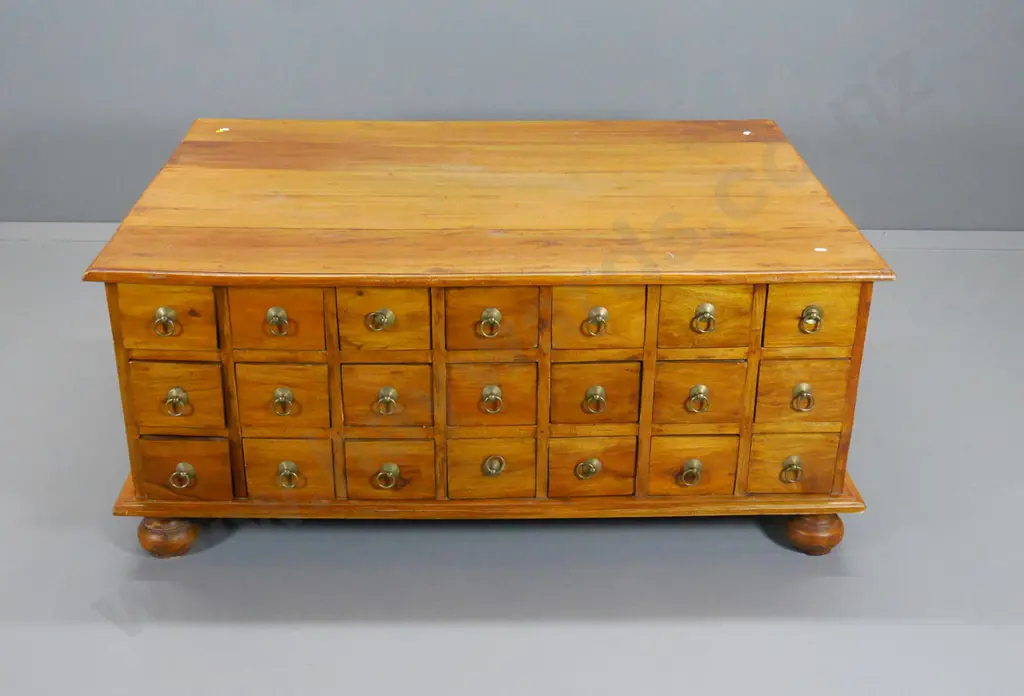 asian hardwood double sided coffee table w/ 42 small drawers, metal handles, ball feet, some splitting H510 W1200 D860 Image 1++