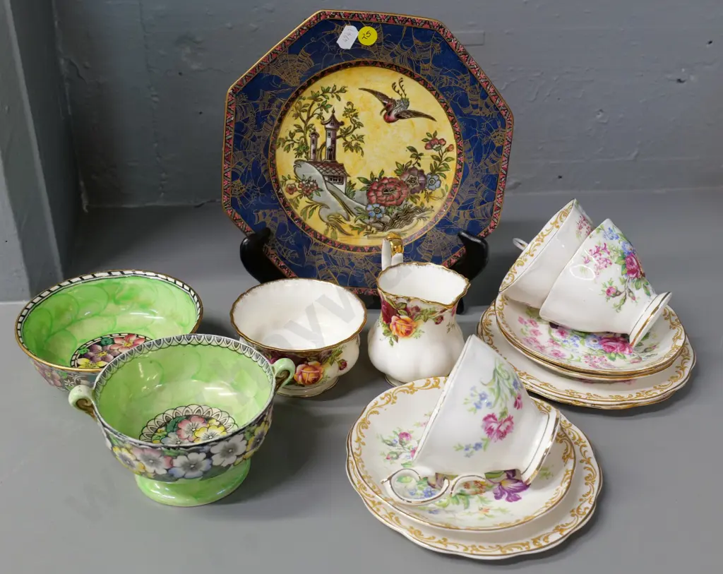 English china items - 3 Royal Albert Nosegay trios & Old Country Roses cream & sugar, 2 Maling thumbprint bowls, etc. Image 1++