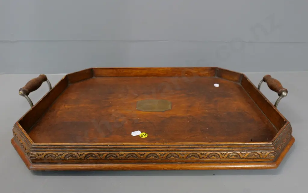 wooden tray with wood and metal handles, no engraving on brass presentation plaque L-520 W-370 Image 1++