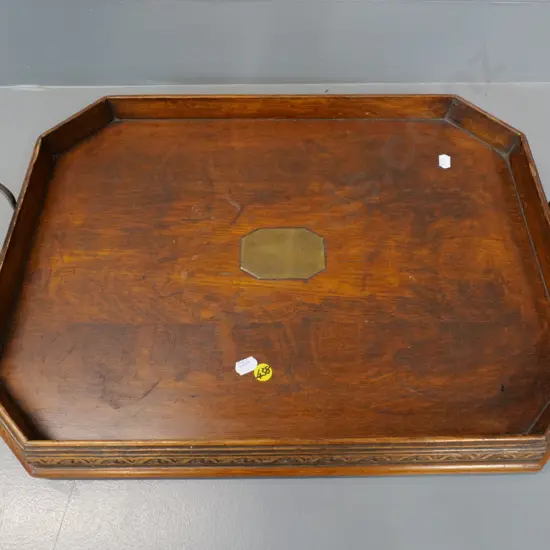 wooden tray with wood and metal handles, no engraving on brass presentation plaque L-520 W-370