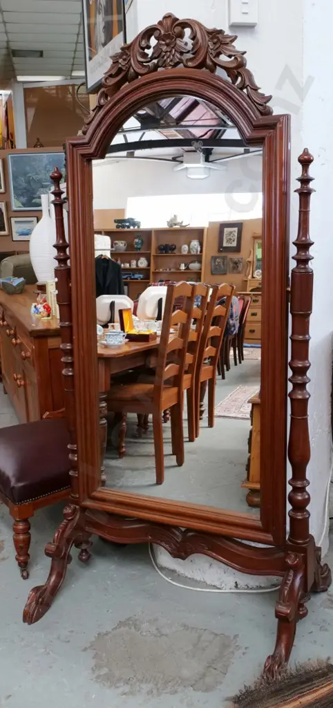 vintage heavily carved mahogany floor-standing cheval mirror H-1730 W-830 Image 1++