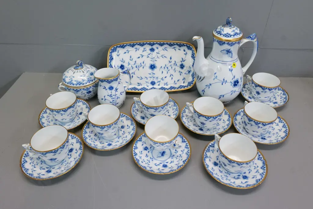 Bing & Grondahl blue and white coffee set - coffee pot, cream & sugar, sandwich tray, and 9 cups & saucers Image 1++