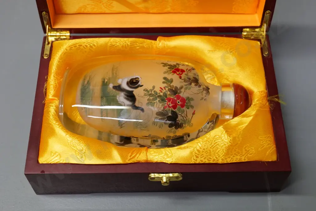 Chinese wood-cased large perfume bottle with inside decoration of cat scenes - bottle is H-160 W-95 Image 1++