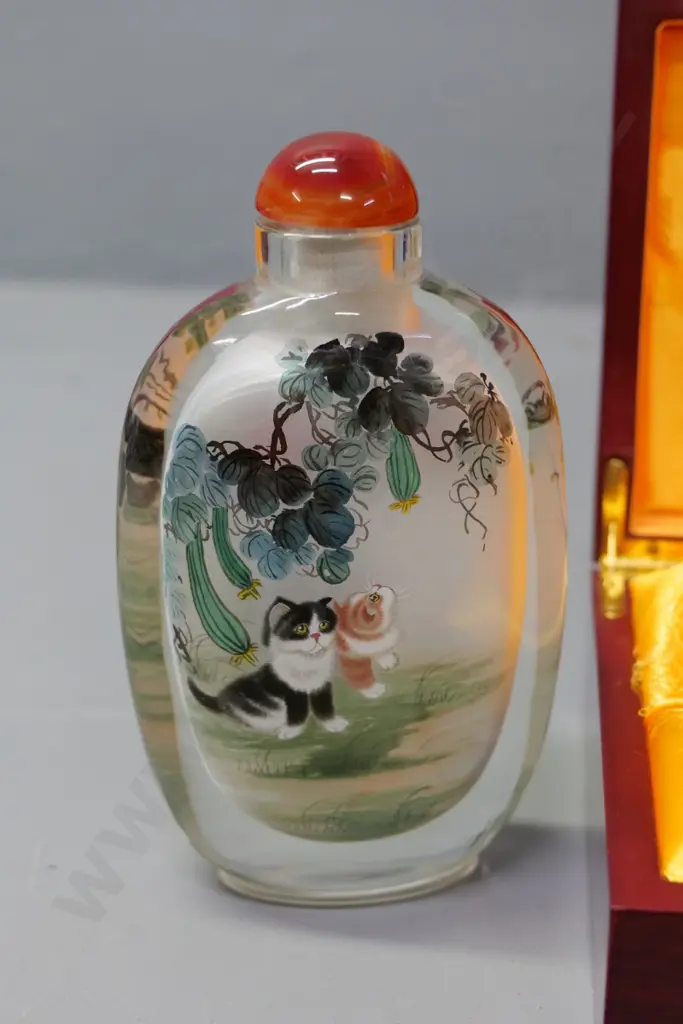 Chinese wood-cased large perfume bottle with inside decoration of cat scenes - bottle is H-160 W-95 Image 1++