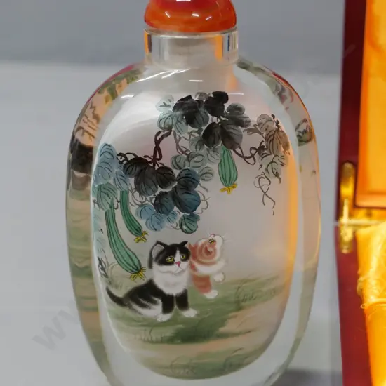 Chinese wood-cased large perfume bottle with inside decoration of cat scenes - bottle is H-160 W-95