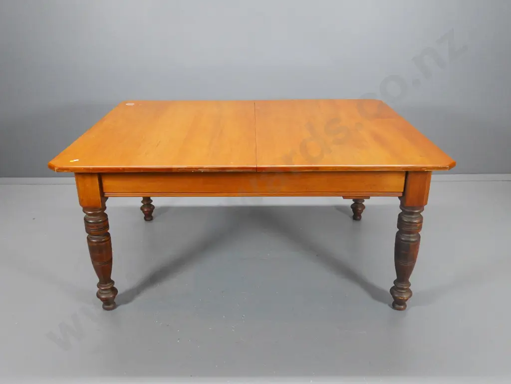 kauri extending turned leg dining table w/2 leaves, 6 ladderback chairs, some w/loose joints, marks to top L2100 W1150 Image 1++