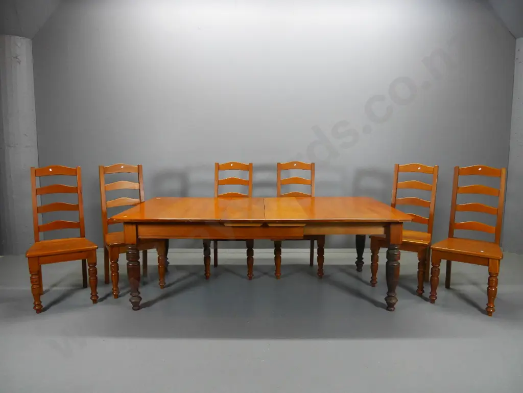 kauri extending turned leg dining table w/2 leaves, 6 ladderback chairs, some w/loose joints, marks to top L2100 W1150 Image 1++
