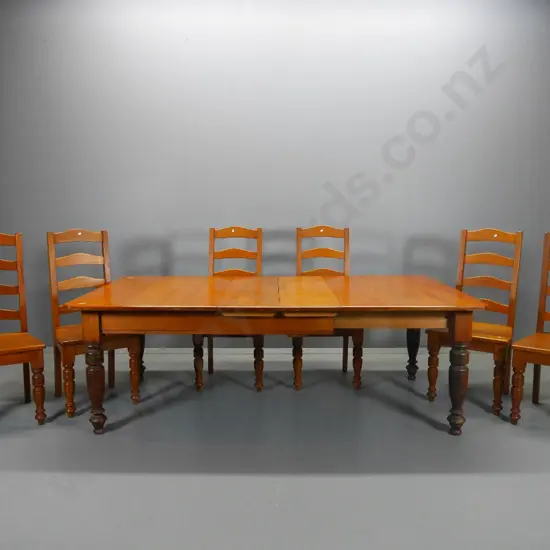 kauri extending turned leg dining table w/2 leaves, 6 ladderback chairs, some w/loose joints, marks to top L2100 W1150