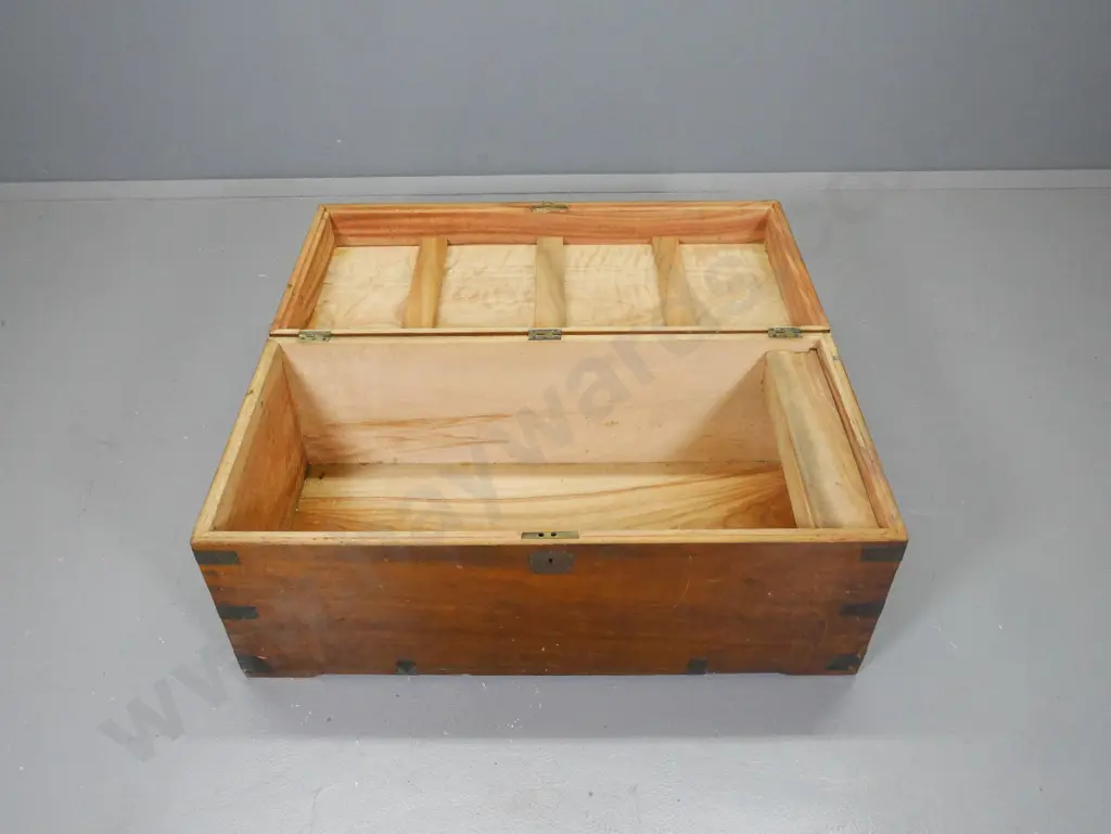 vintage Chinese camphorwood travel trunk with metal binding and handles, paper label, some splitting H420 L940 D450 Image 1++