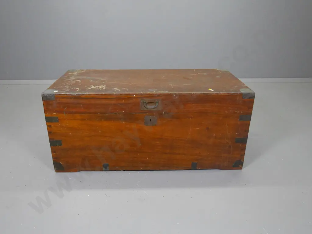 vintage Chinese camphorwood travel trunk with metal binding and handles, paper label, some splitting H420 L940 D450 Image 1++