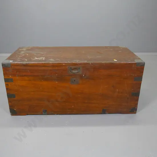 vintage Chinese camphorwood travel trunk with metal binding and handles, paper label, some splitting H420 L940 D450