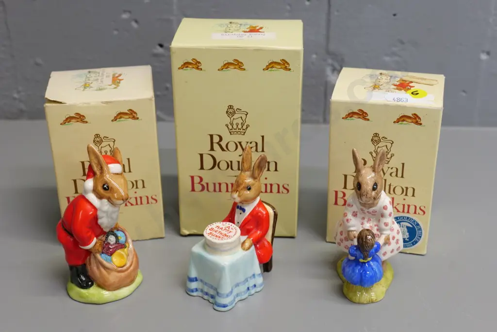 3 Royal Doulton Bunnykins figures with original boxes - 1981 Santa, 1982 Happy Birthday, 1984 dancing figure Image 1++