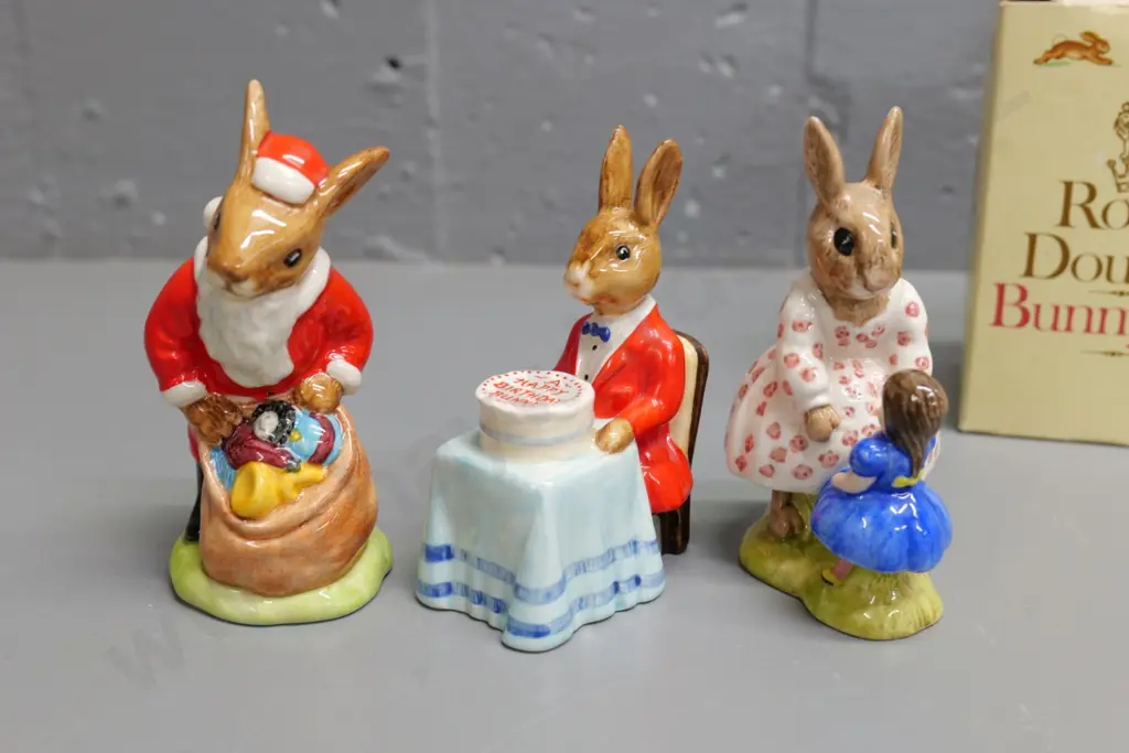 3 Royal Doulton Bunnykins figures with original boxes - 1981 Santa, 1982 Happy Birthday, 1984 dancing figure Image 1++