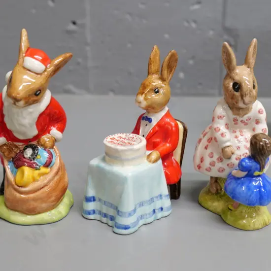 3 Royal Doulton Bunnykins figures with original boxes - 1981 Santa, 1982 Happy Birthday, 1984 dancing figure